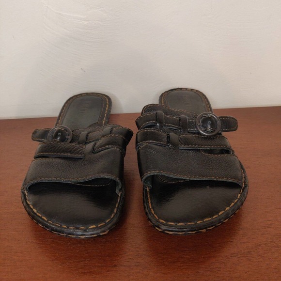 Born Women's Sandals Slip-on Black Leather Size 7 Open Toe Buckle - Picture 3 of 8